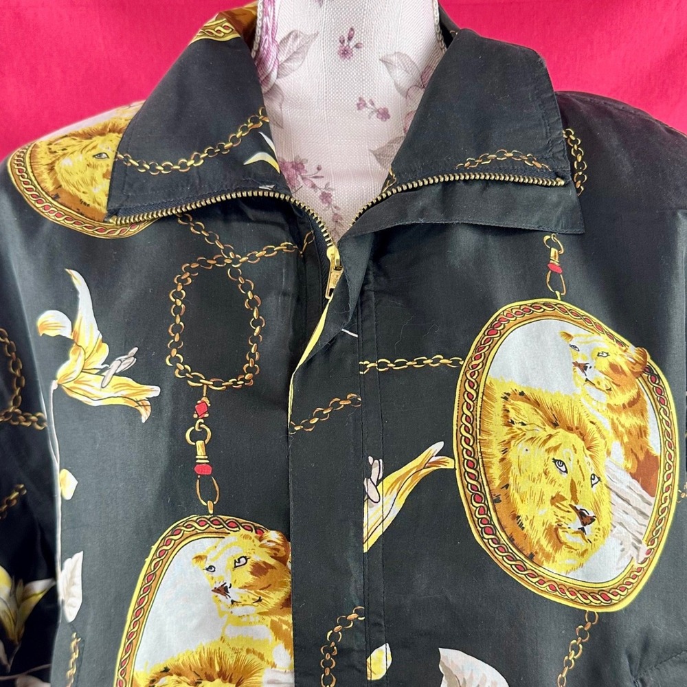 Vintage Silk Lion Print Bomber Jacket 90s‎ Baroque Chain Windbreaker Medium